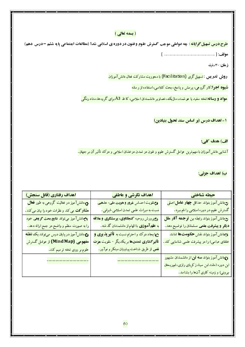 طرح درس مطالعات ششم (درس 10: چه عواملی موجب گسترش علوم و فنون در دوره ی اسلامی شد؟) به روش تسهیل گری