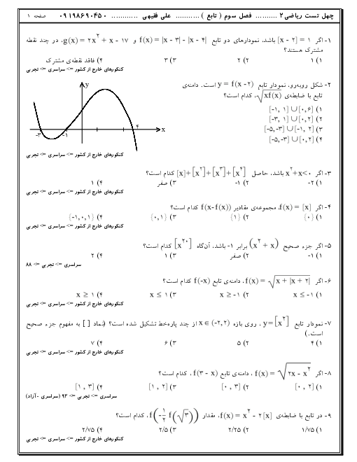 تست‌های تالیفی، کنکوری و آزمون های آزمایشی ریاضی (2) یازدهم | فصل 3: تابع 