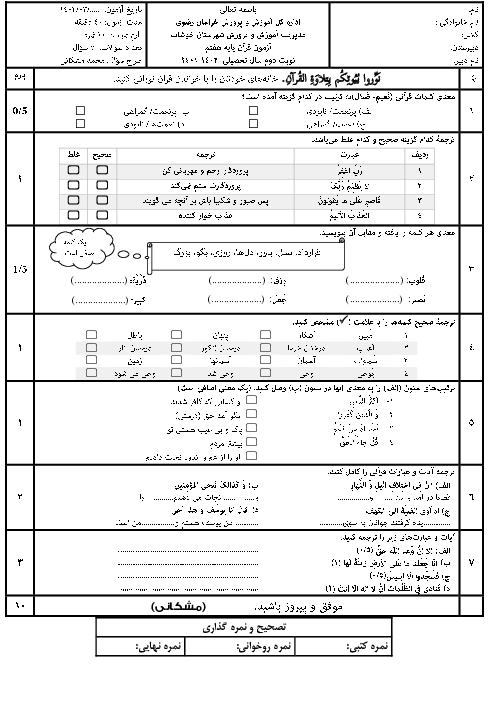 امتحان آزمایشی نوبت دوم خرداد 1402 قرآن هفتم دبیرستان شهید مشکانی