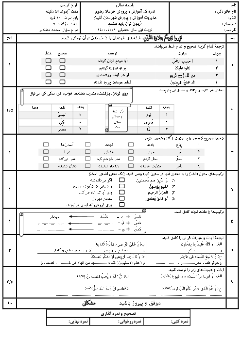 سوالات آزمون نوبت اول دیماه 1400 قرآن هشم دبیرستان ایرج نایب