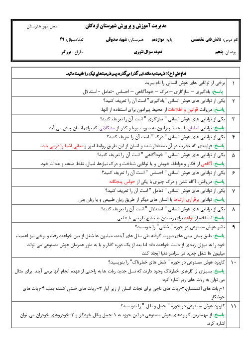 سوالات تشریحی پودمان 5: کاربرد هوش مصنوعی | کتاب دانش فنی تخصصی پایه دوازدهم رشته شبکه و نرم افزار