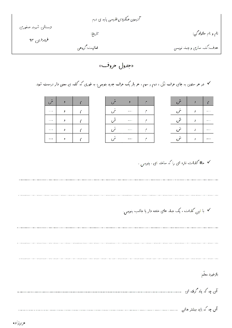 آزمون عملکردی فارسی دوم دبستان شهید صفوری - فروردین 93