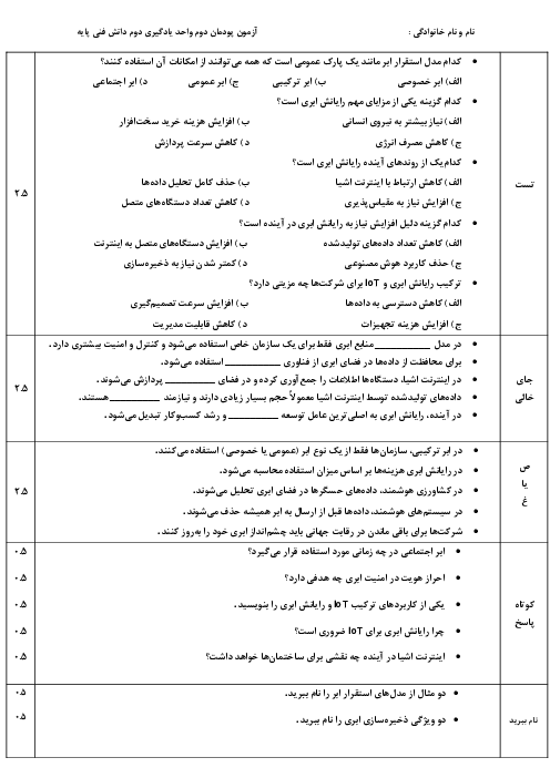 نمونه سوال پودمان 2 واحد یادگیری 2 دانش فنی پایه رشته شبکه و نرم افزار | اینترنت و رایانش ابری