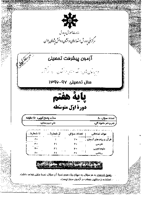 آزمون پیشرفت تحصیلی پایه هفتم دبیرستان‌های استعدادهای درخشان سراسر کشور | مرحله اول بهمن 96