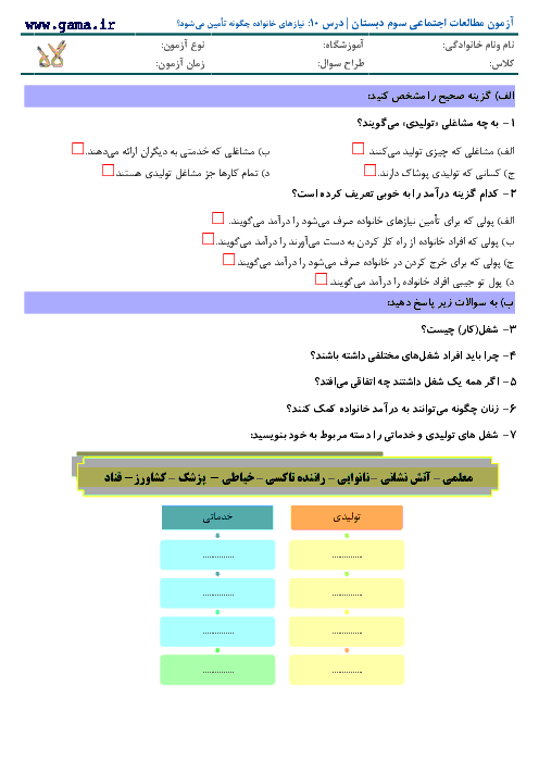 آزمون مطالعات اجتماعی سوم دبستان با پاسخ | درس 10: نیازهای خانواده چگونه تأمین می‌شود؟