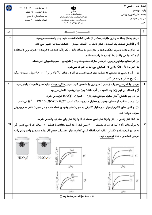 سوالات آزمون شیمی دوازدهم نوبت اول دی 1404 دبیرستان تیزهوشان فرزانگان بابل