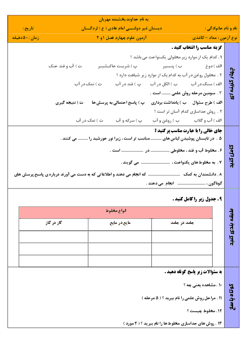 ارزشیابی علوم تجربی چهارم دبستان غیر دولتی امام هادی | درس 1 و 2