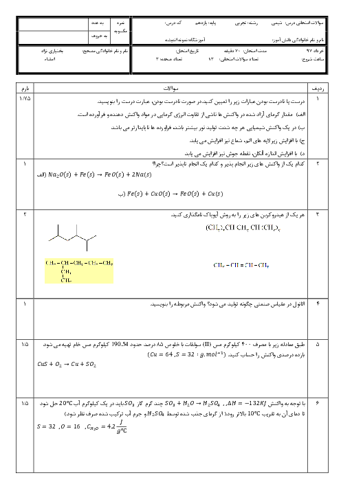 آزمون نوبت دوم شیمی (2) پایه یازدهم دبیرستان اندیشه | خرداد 1397