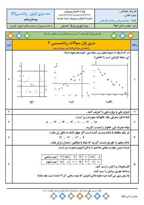 سه سری آزمون پودمانی ریاضی (2) فنی یازدهم هنرستان دکتر حسابی | پودمان 5: آمار توصیفی