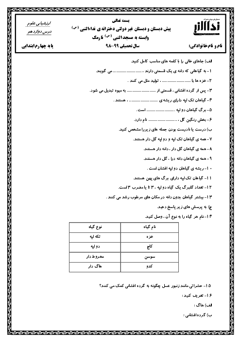 آزمون علوم تجربی چهارم دبستان نداء النبی | درس 12: گوناگونی گیاهان