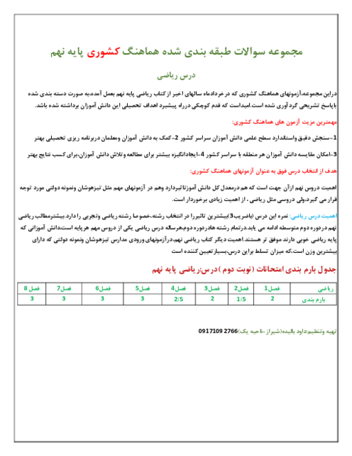 سوالات طبقه بندی شده ریاضی پایه نهم در امتحانات هماهنگ کشوری خرداد 1402 و 1403