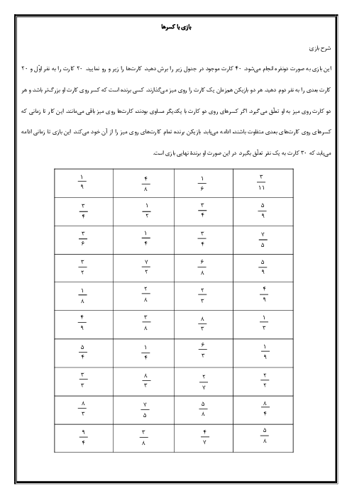 آزمون تعاملی بازی محور مقایسه‌ی کسرها