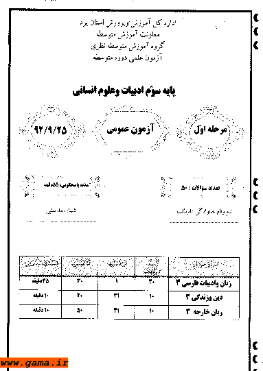 مرحله اول آزمون علمی پایه سوم ادبیات و علوم انسانی با پاسخ تشریحی | استان یزد 1392