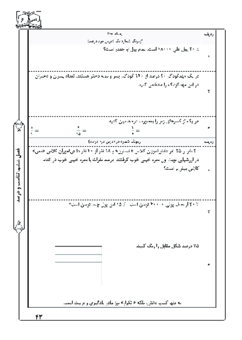 آزمونک درس 2 فصل 6 ریاضی ششم | درصد