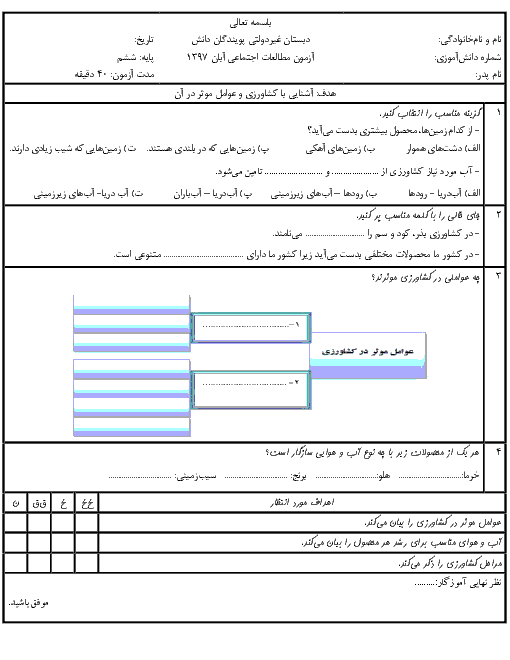 آزمونک مطالعات اجتماعی ششم دبستان پویندگان دانش | فصل 3: کشاورزی در ایران