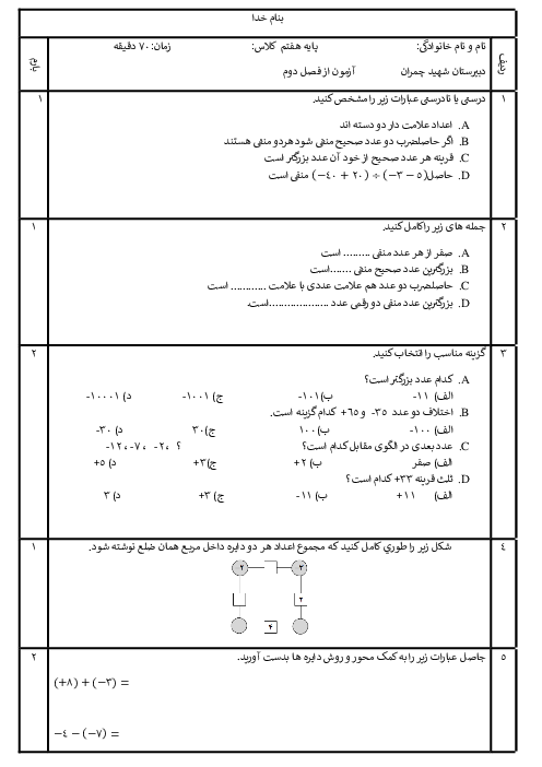 آزمون فصل 2: عددهای صحیح | ریاضی هفتم دبیرستان شهید چمران