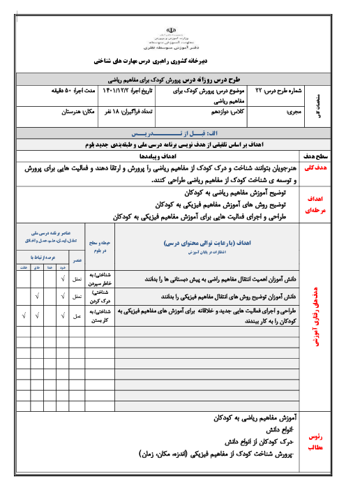 طرح درس روزانه پودمان 4: پرورش کودک برای درک مفاهیم ریاضی | درس پرورش مهارت های شناختی پایه دوازدهم