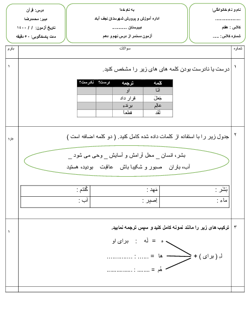 ارزشیابی داخلی قرآن هفتم | درس 9 و 10