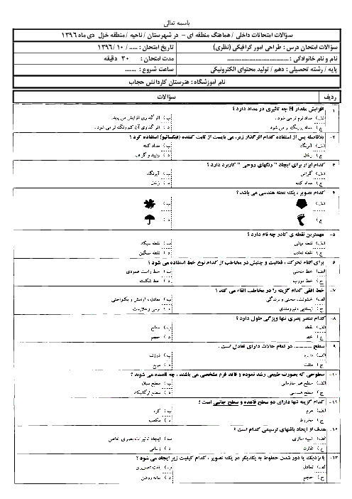 آزمون نوبت اول طراحی امور گرافیکی با رایانه دهم هنرستان شهید رجایی | دی 1396 + پاسخ