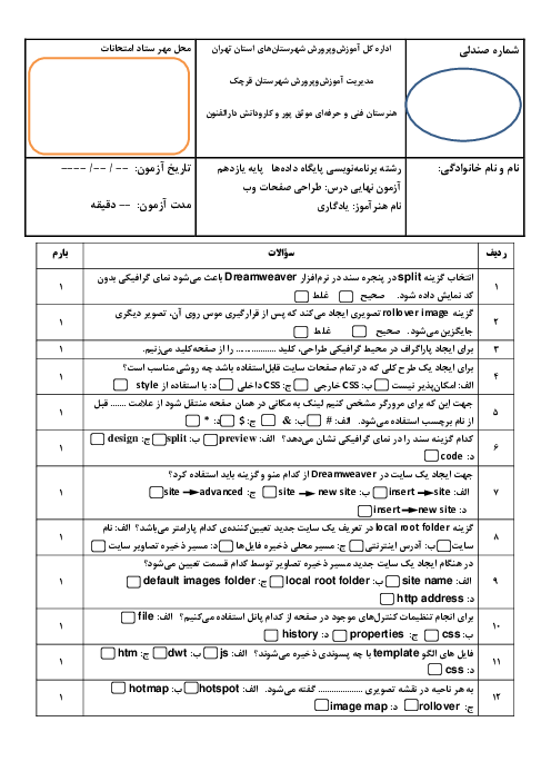 سوالات آزمون نوبت دوم طراحی صفحات وب یازدهم هنرستان موثق پور و دارالفنون | خرداد 1402