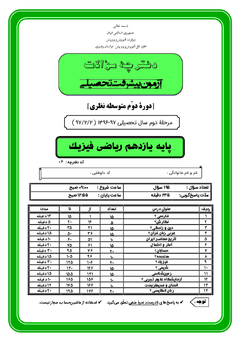 سوالات آزمون پیشرفت تحصیلی پایه یازدهم رشته ریاضی استان خراسان رضوی + پاسخ کلیدی | مرحله دوم (اردیبهشت 97)