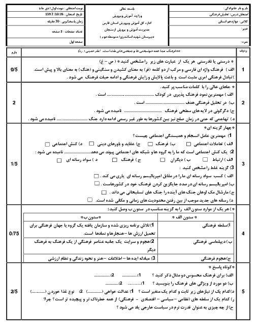 امتحان ترم اول مطالعات فرهنگی دوازدهم انسانی دبیرستان شهید اسکندری | دی 1397