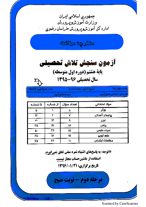 مرحله دوم آزمون سنجش تلاش تحصیلی دانش آموزان پایه هشتم استان خراسان رضوی | فروردین 96