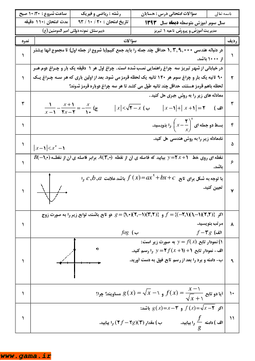 دانلود آزمون نوبت اول حسابان | دبیرستان نمونه دولتی امیرالمومنین تبریز دی 1393