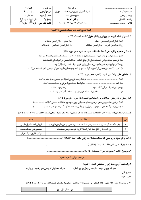 آزمون تشریحی نوبت خرداد 1404 علوم و فنون ادبی یازدهم دبیرستان پیروان امام علی