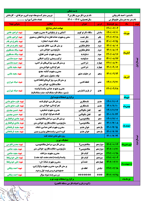 طرح درس سالانه فارسی و نگارش (3) دوازدهم هنرستان