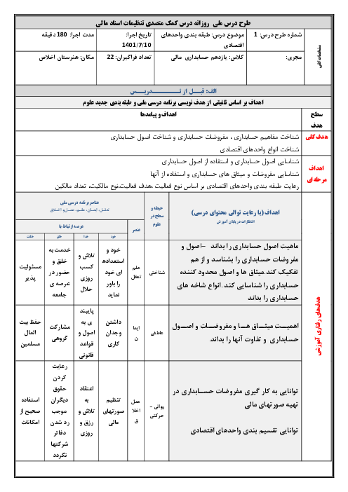 طرح درس روزانه فصل اول: طبقه بندی واحدهای اقتصادی | درس کمک متصدی تنظیم اسناد مالی یازدهم حسابداری مالی