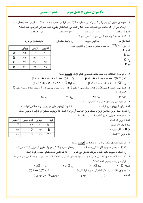 آزمون تحلیلی و مفهومی فصل سوم مخصوص مدارس تیزهوشان و خاص | از درون اتم چه خبر