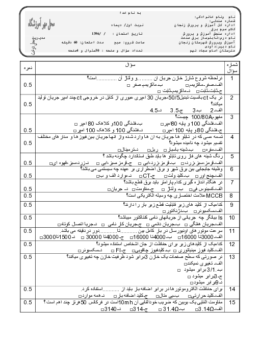 سوالات آزمون کتبی استاندارد مهارت مونتاژ کار و نصاب تابلوهای برق یازدهم هماهنگ استان زنجان | دی 96