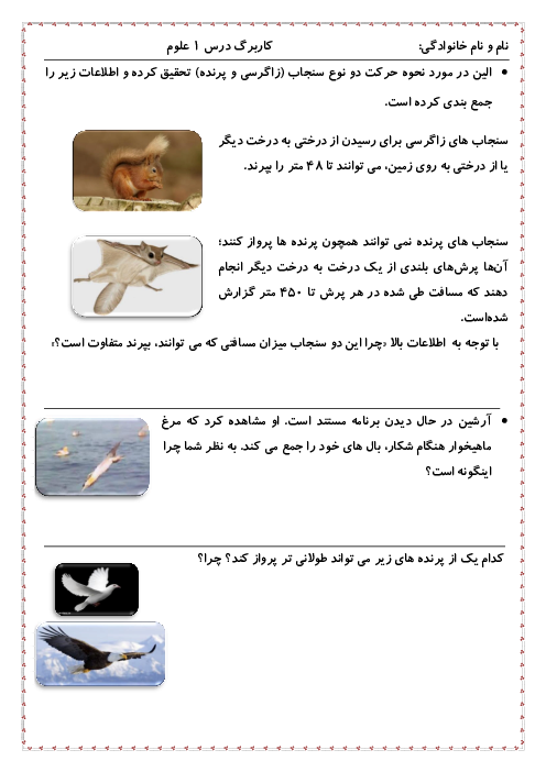 آزمون عملکردی درس 1 علوم پنجم: نقش پهنای بال پرندگان در مدت پرواز