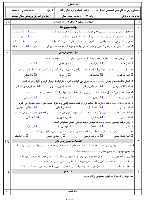 سوالات امتحان دانش فنی تخصصی دوازدهم رشته شبکه و نرم افزار هنرستان | پودمان 5: کاربرد هوش مصنوعی