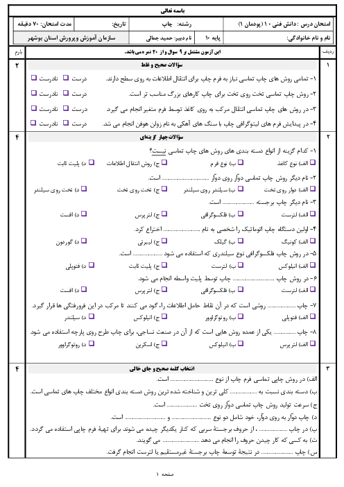 آزمون پودمانی دانش فنی پایه رشته چاپ پایه دهم هنرستان | فصل 1: پیدایش و سیر تکامل صنعت چاپ