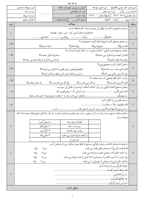 نمونه سوال نوبت اول درس قرآن پایه هشتم مدرسه امام موسی کاظم دی 1404