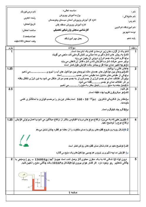 سوالات نوبت شهریور 1404 فیزیک دهم تجربی دبیرستان ام البنین