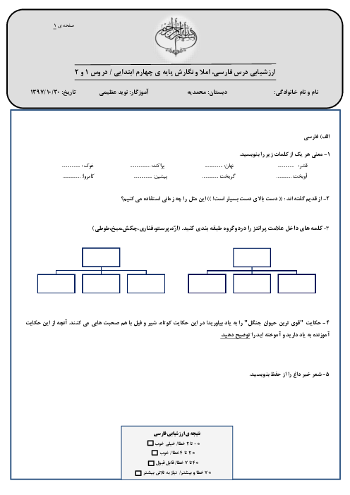 ارزشیابی فارسی، املا و نگارش کلاس چهارم ابتدائی | درس 1 و 2