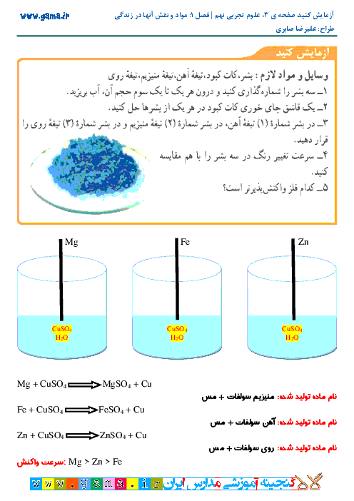 آزمایش کنید صفحه ی 3 علوم تجربی نهم  | فصل اول: مواد و نقش آنها در زندگی