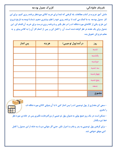 تکلیف امتدادی بسطی مطالعات اجتماعی چهارم دبستان | آشنایی با مفهوم درآمد، هزینه و پس انداز