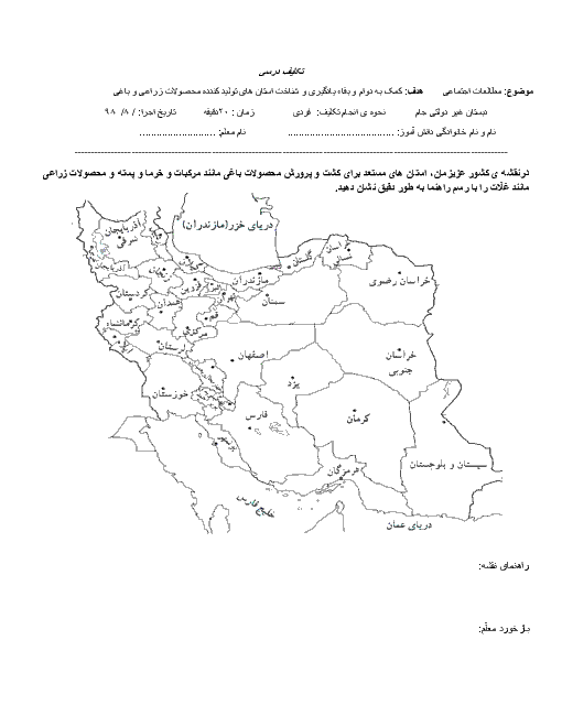 تکلیف در خانه مطالعات اجتماعی ششم دبستان جام | شناخت استان های تولید کندده محصولات زراعی و باغی