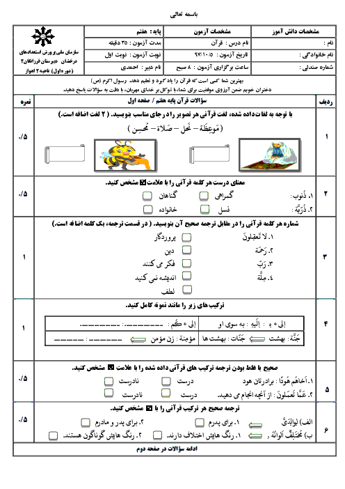 امتحان ترم اول قرآن هفتم دبیرستان سمپاد فرزانگان اهواز | دی 1397