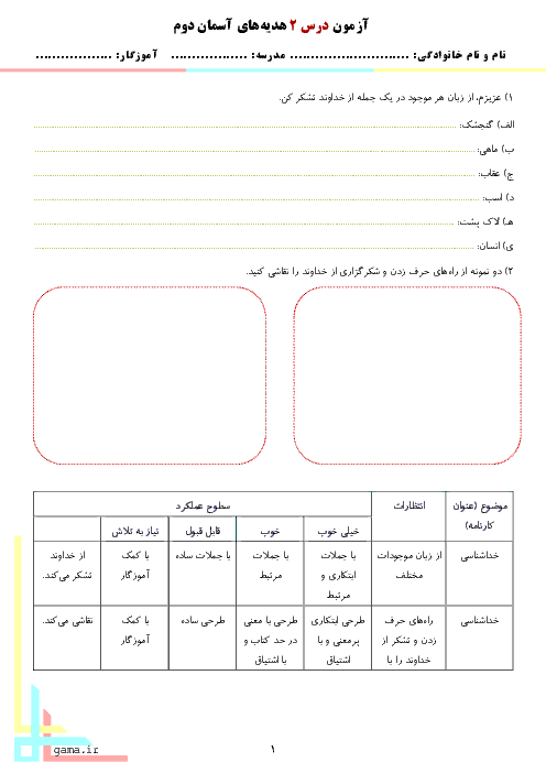 فعالیت کلاسی هدیه های آسمانی دوم دبستان دخترانه فدک | درس 1 و 2