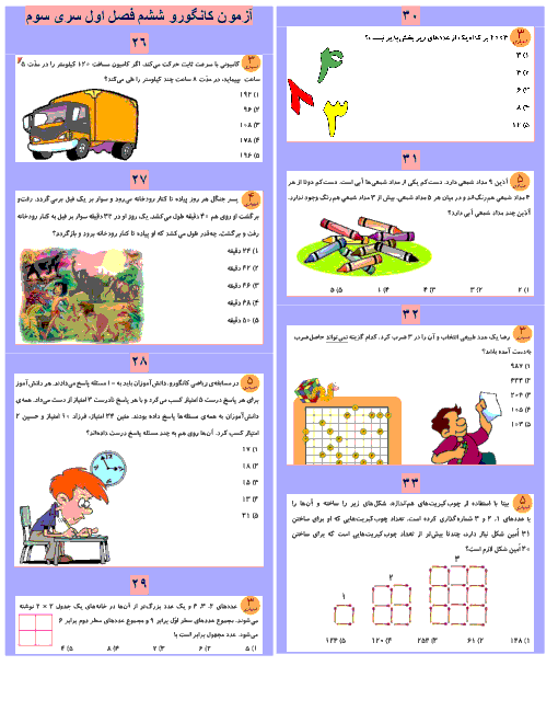 مجموعه ی سوالات کانگورو ریاضی ششم دبستان با پاسخ تشریحی | فصل 1: عدد و الگوهای عددی (22 سوال 5 گزینه‌ای)