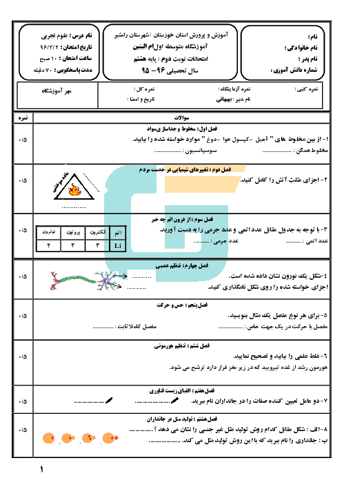 امتحان نوبت دوم علوم تجربی پایۀ هشتم دبیرستان پسرانۀ ام البنین | خرداد 96