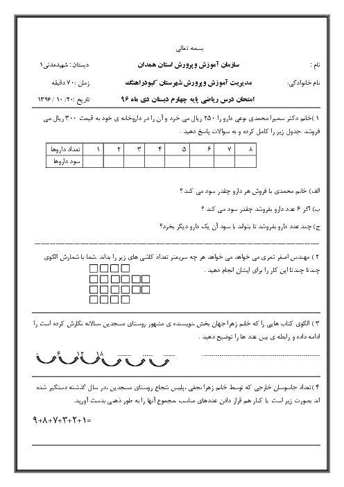 آزمون نوبت اول ریاضی سوم دبستان  شهید مدنی | دی 96