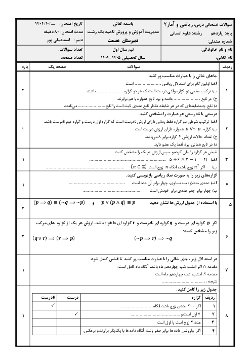 آزمون ترم اول ریاضی و آمار 2 دبیرستان عصمت نوبت دی 1404