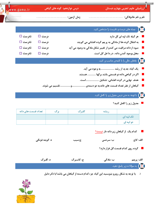 آزمون علوم تجربی چهارم دبستان سعدی | درس 12: گوناگونی گیاهان