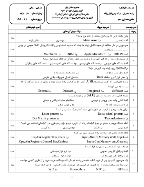 آزمون پودمان 1 دانش فنی پایه کامپیوتر (کتاب چاپ جدید)